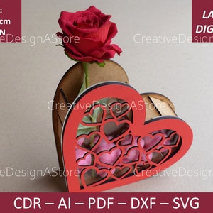 Caixa de presente em formato de coração com abertura, modelo de arquivo digital, caixa de joias cortada a laser, modelo DXF a laser, caixa de presente para dia dos namorados, SVG, 2 tamanhos