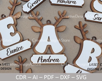 Reindeer Alphabet Letters | Christmas Tree Ornaments | Laser Cut File Template SVG File DXF l CDR File 1 Size 26 Designs A-Z