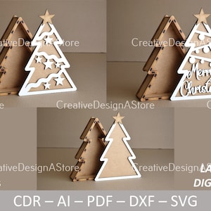 Plantilla SVG de caja de regalo de árbol de Navidad cortada con láser Archivo DXF con 3 diseños en 3 tamaños Caja de chocolate pequeña, mediana y grande para corte por láser
