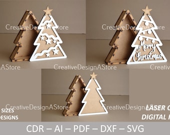 Christmas Tree Gift Box Laser Cut File SVG Template DXF File with 3 Designs in 3 Sizes Small Medium & Large Chocolate Box For Laser Cutting