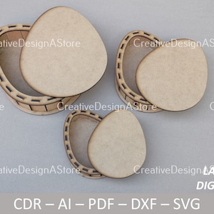 Scatola regalo a forma di uovo con coperchio Modello di file tagliato al laser File SVG DXF 3 dimensioni 1 design per Pasqua e festa di compleanno Download digitale