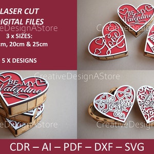 Caixa de recorte em formato de coração, caixa de joias, modelo DXF a laser, caixa de presente para dia dos namorados SVG, 3 tamanhos e 5 designs, caixa de lembrança de aniversário de casamento