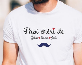 Personalisiertes weißes T-Shirt Papi Cheri Vatertagsgeschenk Vornamen kleine Kinder personalisiertes Schnurrbartherz