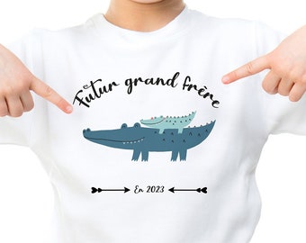 T-shirt blanc en coton futur grand frère crocodile  Annonce grossesse futur grand frère T-shirt enfant je vais être grand frère