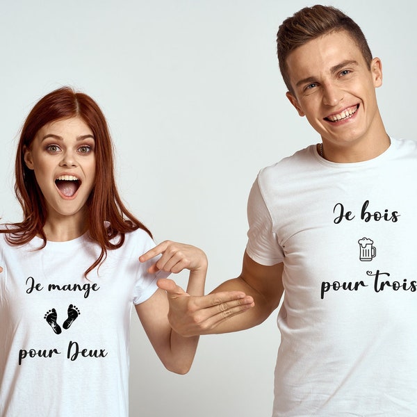 tshirt blanc  Annonce grossesse couple je bois pour 3 je mange pour 2 futur papa future maman futur parents bébé révelation