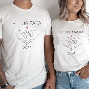 Annonce de Grossesse T-shirt Couple Personnalisé Future Maman Futur papa pied de bébé coeur tshirt duo couple personnalisé annonce grossesse image 1
