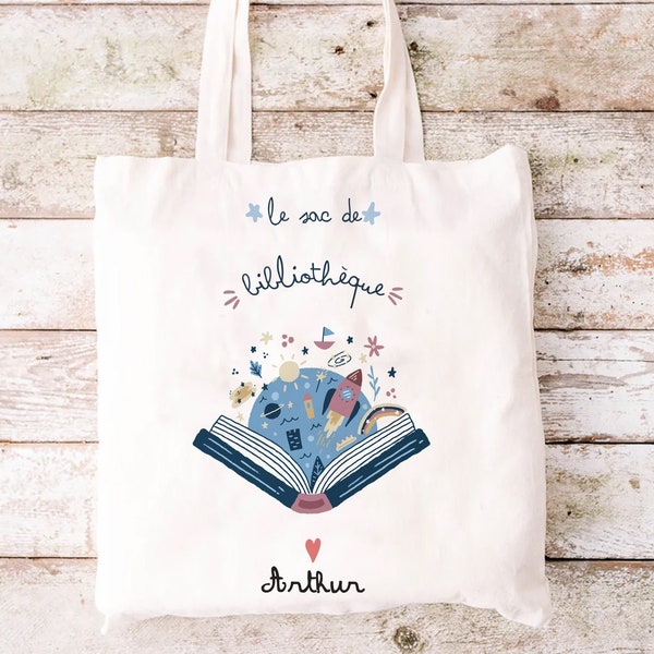 tote bag personnalisé pour bibliothèque Livres Maternelle, sac à doudou, affaires d'école ou sport 100% coton