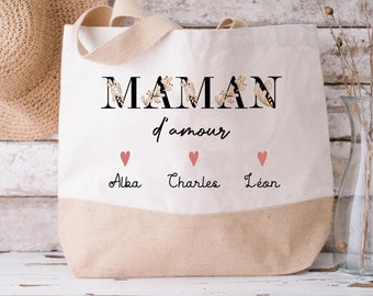 Cabas fleuri Maman d'amour de sac cabas/cabas jute mamie/cabas maman personnalisable/cabas fête des  mères/cabas fête des mamans cœur prénom