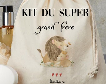 pochon personnalisé kit du super grand frère kit de la super grande sœur cadeau annonce grossesse lion  lionceau sac cadeau