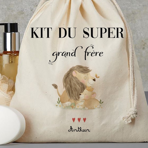 pochon personnalisé kit du super grand frère kit de la super grande sœur cadeau annonce grossesse lion  lionceau sac cadeau