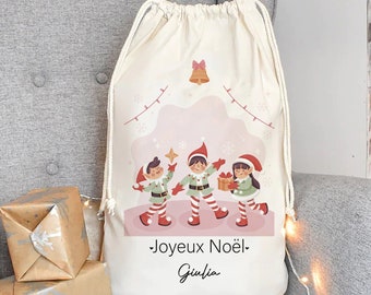 Hotte de Noël personnalisée prénom lutin père noël  , Grand sac de Noël personnalisé emballage cadeau de noël taille M-L- XL gros volume