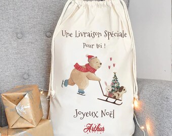 hotte de Noël livraison ours luge idées cadeaux hotte enfant personnalisée, hotte du père noël, boule noël personnalisée, sapin noël ours