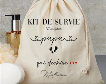 kit de survie futur papa pochon personnalisé future maman qui déchire sac beige en coton canvas personnalisé cadeau de naissance pour papa