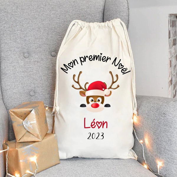 hotte de noel personnalisé prénom rennes du père Noel mon premier noel coeur Grand sac de Noël emballage cadeau de noel