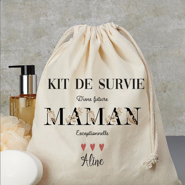 kit de survie future maman pochon sac beige en coton canvas personnalisé  cadeau de naissance pour maman