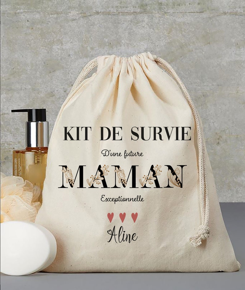 kit de survie future maman pochon sac beige en coton canvas personnalisé cadeau de naissance pour maman image 1