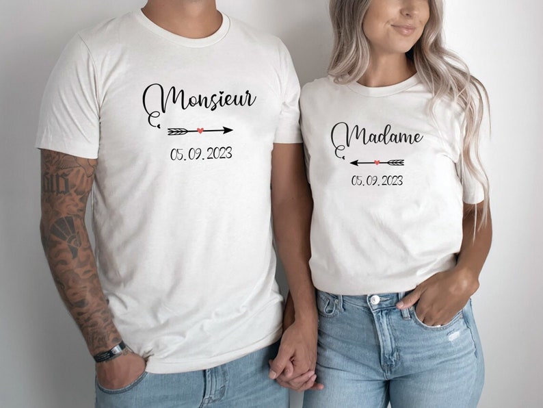 Personalized T-shirt duo couple EVJF annone wedding future bride future groom, EVJF gifts, personalized wedding date gift image 1