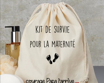 kit de survie du futur papa  Maternité courage papa j'arrive Petit pochon sac cadeau grossesse baby shower en coton bio coeur pieds de bébé