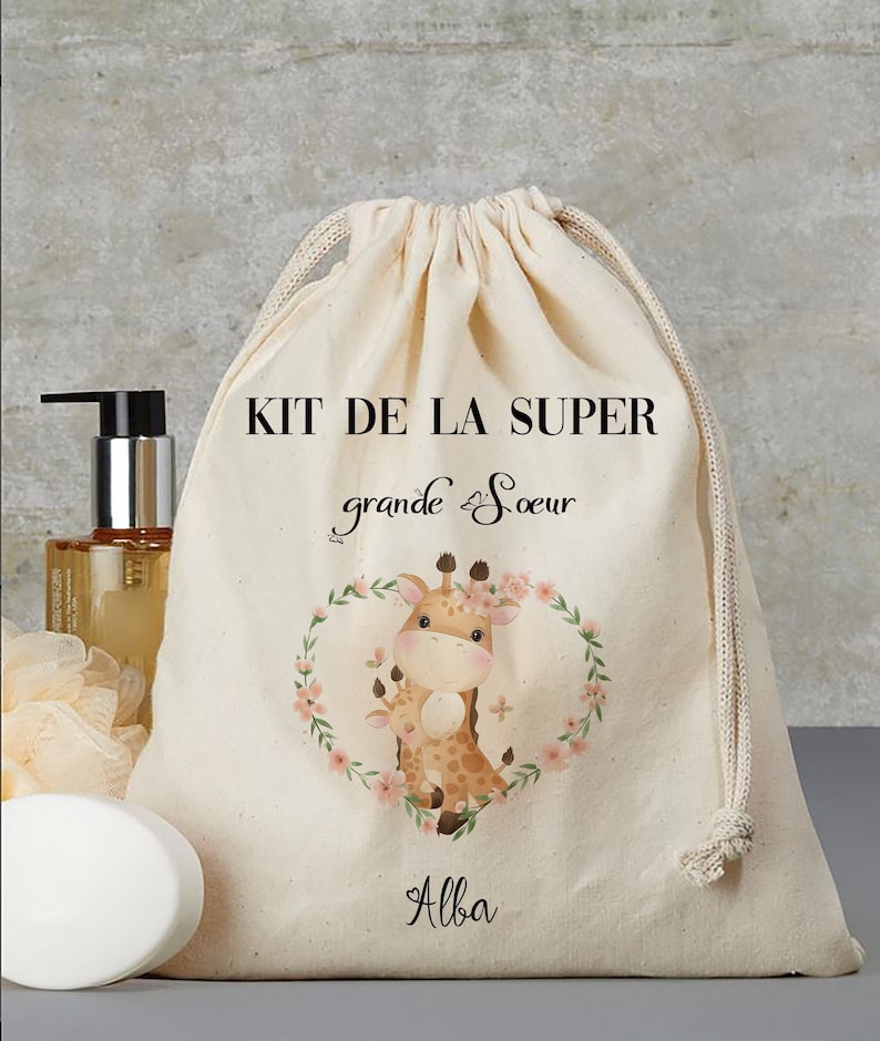 pochon personnalisé kit de la super grande soeur kit de survie pochon sac en coton personnalisé cadeau de naissance Super grande soeur image 1