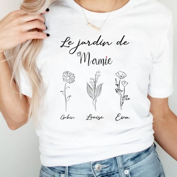 teeshirt blanc personnalisé fleur le jardin de mamie cadeau personnalisé fete des grands mères fleur du mois