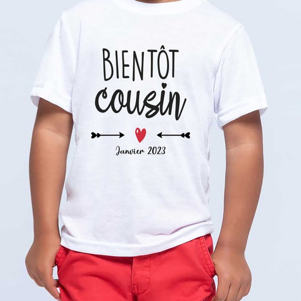 T-Shirt enfant blanc bleu marine  Bientot cousin bientot cousine annonce grossesse futur papa future maman