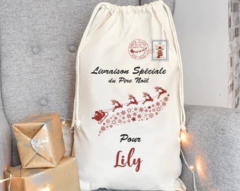 Hotte de Noel personnalisée prénom , Grand sac de Noël  personnalisé emballage cadeau de noel taille M-L- XL gros volume