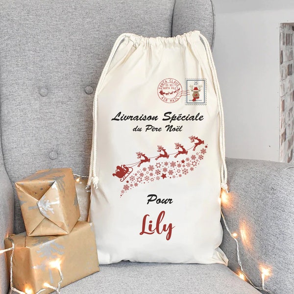 Hotte de Noel personnalisée prénom , Grand sac de Noël  personnalisé emballage cadeau de noel taille M-L- XL gros volume