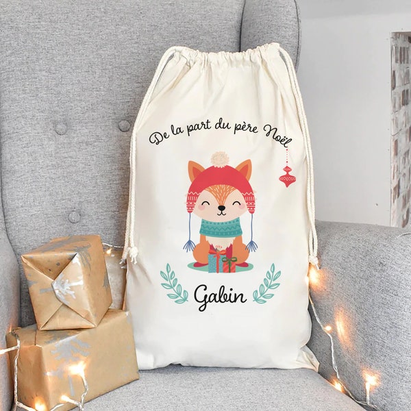 Sac de Noël personnalisé, Hotte à cadeaux personnalisable, Livraison de cadeaux la fabrique du Père Noël pochon cordon cadeaux renard