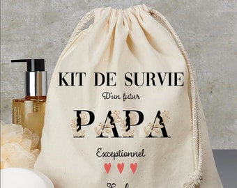 kit de survie futur papa pochon sac beige en coton canvas personnalisé cadeau de naissance pour papa pochon personnalisé sac naissance