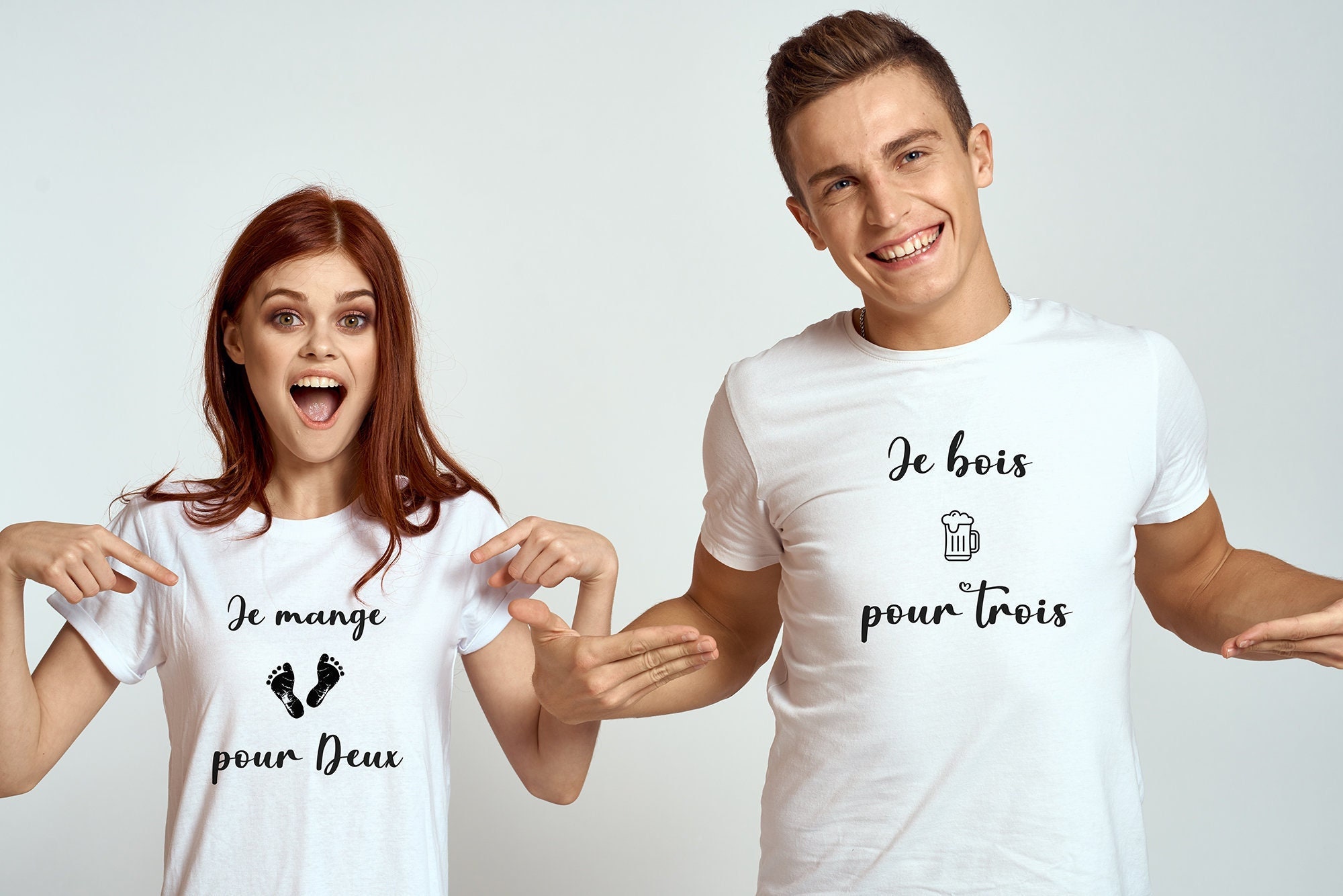 Tshirt blanc Annonce grossesse couple je bois pour 3 je mange - Etsy France