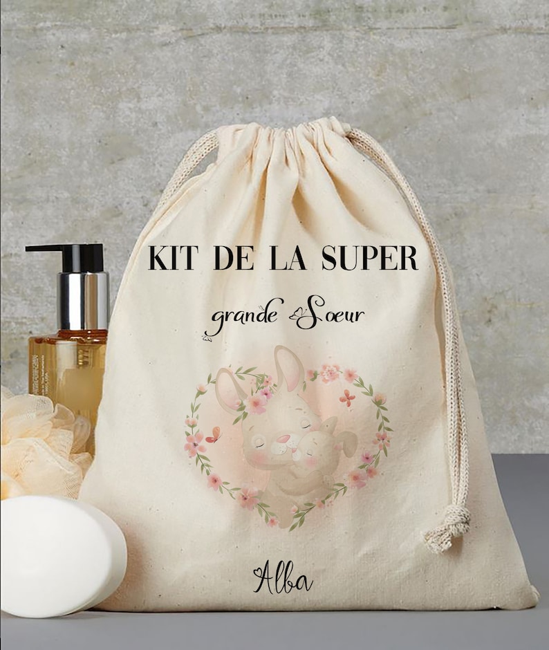 pochon personnalisé kit de la super grande soeur kit de survie pochon sac en coton personnalisé cadeau de naissance Super grande soeur image 2