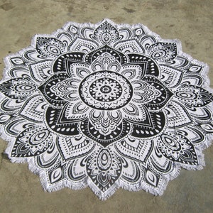 New Arrival ! Black Lotus Flower Mandala Flower Cutting Tapestry Indian Yoga Mat Beach Throw Roundie Table Round Hippie Mandala Round Tassel
