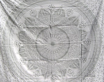White And Silver Ombre Mandala Tapestry Wall Hanging Handmade Bedsheet Wall Tapestry Qween Size Mandala Art Bedspread Indian Art Home Decore
