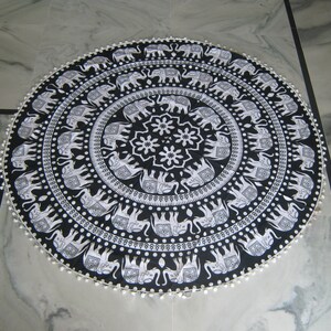 Black & White Elephant Mandala Round Tapestry Indian Yoga Mat Beach Throw Roundie Table Cover Round Hippie Mandala Round