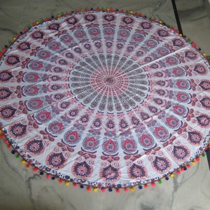 Bohemian Mandala Round Tapestry Indian Yoga Mat Beach Throw Roundie Table Cover Multi Color Pom Pom Round Hippie Mandala Round