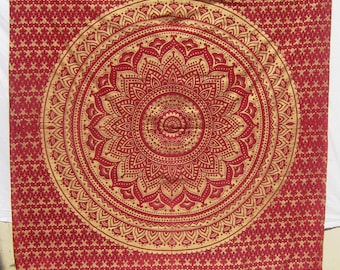 Red And Golden Ombre Mandala Tapestry Wall Hanging Handmade Bedsheet Wall Tapestry Qween Size Mandala Art Bedspread Indian Art Home Decore