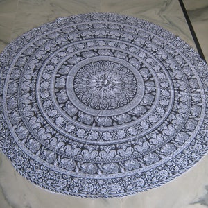 Black & White Elephant Mandala Round Tapestry Indian Yoga Mat Beach Throw Roundie Table Cover Round Hippie Mandala Round