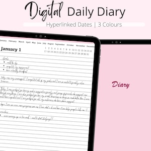 Può includere: Un'app di diario digitale giornaliero su un tablet con sfondo rosa. L'app ha una vista calendario con date ipertestuali e una pagina di registrazione giornaliera con carta rigata. Il testo sullo schermo dice "Digital Daily Diary", "Hyperlinked Dates | 3 Colours", "January 1", "Goals", "Walk the dog", "Complete my appointment", "Have a healthy breakfast", "Today was very successful! I completed all of my goals and I am so excited for tomorrow.", "I am grateful for having a supportive family and group of friends to support me through everything. I am also grateful for my small business is doing so much better than I could have expected and I am grateful for all my customers who have shown support.", "I hope I see even more progress from now on. I love what I do and how it can help people like me.", "Reminders", "Save money up for my next trip - it's about that time, you guys!!", "Diary".
