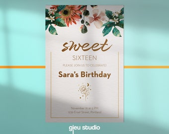 Floral Sweet 16 Birthday Party Invitation, 16th Birthday Invites, Wildflower Sweet Sixteen Party, Blush Pink Floral Editable Invite