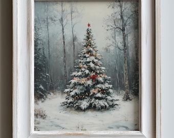 Christmas tree with red bow print, Snowy fir tree forest art, Winter Christmas wall decor, Forest snowfall painting, digital download