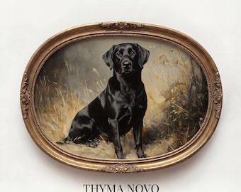 May include: An oval framed art print featuring a black Labrador Retriever sitting in tall grass. The dog has a glossy coat and is centered in the frame. The frame is gold with ornate detailing. The text "THYMA NOVO Curated Art Prints" is at the bottom.