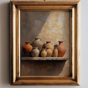 May include: A framed art print featuring a still life of terracotta vases in varying sizes. The artwork has a warm color palette with a gold frame. The text "THYMA NOVO" and "Curated Art Prints" is visible at the bottom of the frame.