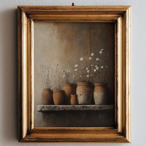 Rustika lerkrukor stilleben utskrivbara väggkonst, lantlig vintage köksinredning, toskansk medelhavsmatsal digital nedladdning