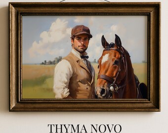 Ralph Lauren Style Horse Portrait Print, Old Money Gentleman with Horse Wall Art, Country Club Decor Rider Decor, Male Oil Painting Download