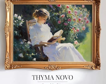Stampa vintage di donna che legge, romantica decorazione floreale da parete con giardino, accogliente decorazione da libro per camera da letto o studio, opera d'arte digitale stampabile