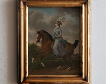 Ritratto equestre vintage - Dipinto in stile antico con donna con cappello piumato, scena di cavallo malinconico, arte classica da parete, download digitale
