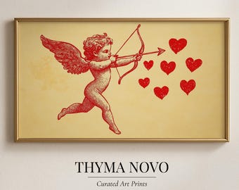Vintage Cupid Valentine Art Digital Download, Romantic Retro Sketch for Samsung Frame, Red Heart Love Decor for 4k Digital Download