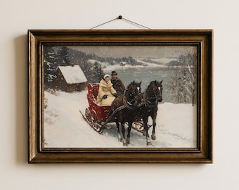 Vintage Horse Sleigh Ride Christmas Art, Rustic Winter Scene Printable, Holiday Decorating, Cozy Farmhouse Wall Print, Digital Download