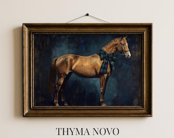 Quadro equestre da parete in stile Ralph Lauren, dipinto di un cavallo castano con fiocco scozzese, quadro scozzese vintage, stile old money, download digitale