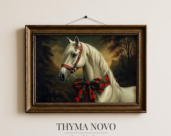 Vintage White Horse Oil Painting, Tartan Bow Equestrian Art, Ralph Lauren Style, Old Money Aesthetic Print, Entry way decor DOWNLOAD